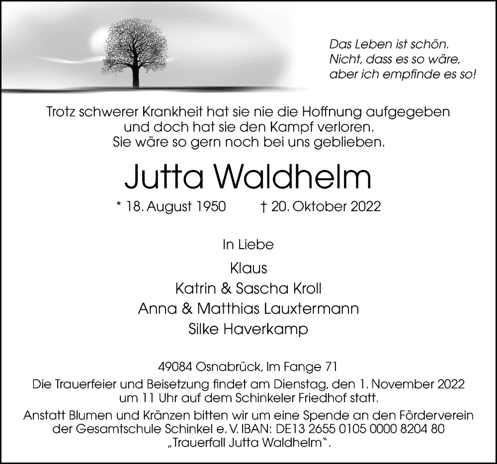  Traueranzeige für Jutta Waldhelm vom 26.10.2022 aus Neue Osnabrücker Zeitung GmbH & Co. KG