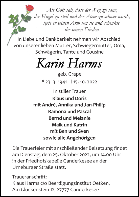 Traueranzeige von Karin Harms von DK Medien GmbH & Co. KG