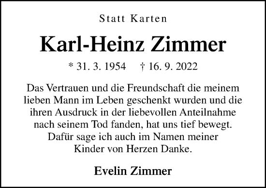 Traueranzeige von Karl-Heinz Zimmer von Neue Osnabrücker Zeitung GmbH & Co. KG