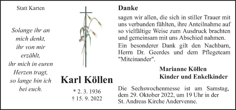  Traueranzeige für Karl Köllen vom 26.10.2022 aus Neue Osnabrücker Zeitung GmbH & Co. KG