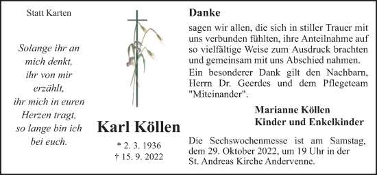 Traueranzeige von Karl Köllen von Neue Osnabrücker Zeitung GmbH & Co. KG