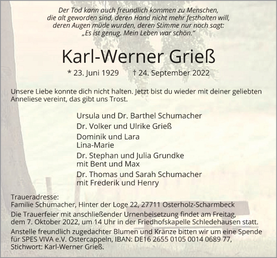 Traueranzeige von Karl-Werner Grieß von Neue Osnabrücker Zeitung GmbH & Co. KG