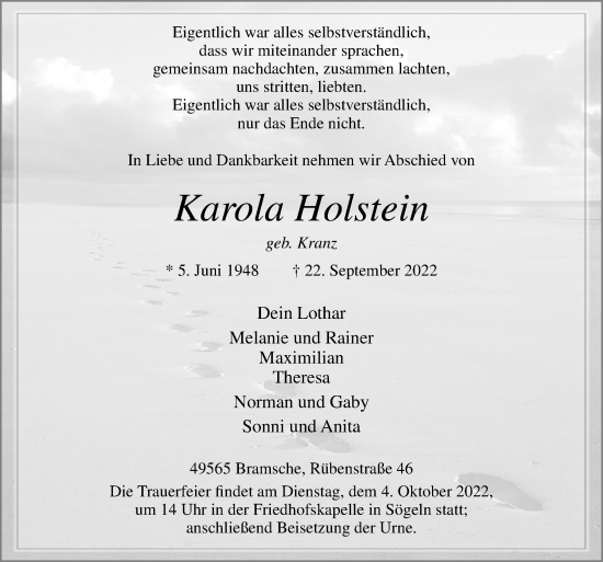 Traueranzeige von Karola Holstein von Neue Osnabrücker Zeitung GmbH & Co. KG