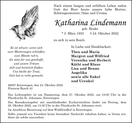 Traueranzeige von Katharina Lindemann von Neue Osnabrücker Zeitung GmbH & Co. KG