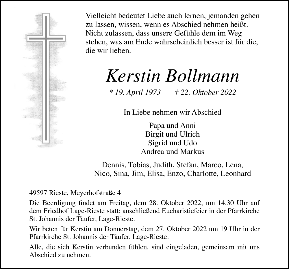  Traueranzeige für Kerstin Bollmann vom 25.10.2022 aus Neue Osnabrücker Zeitung GmbH & Co. KG