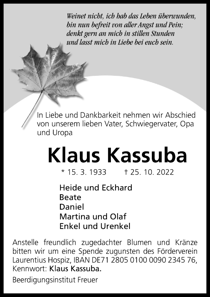  Traueranzeige für Klaus Kassuba vom 29.10.2022 aus DK Medien GmbH & Co. KG