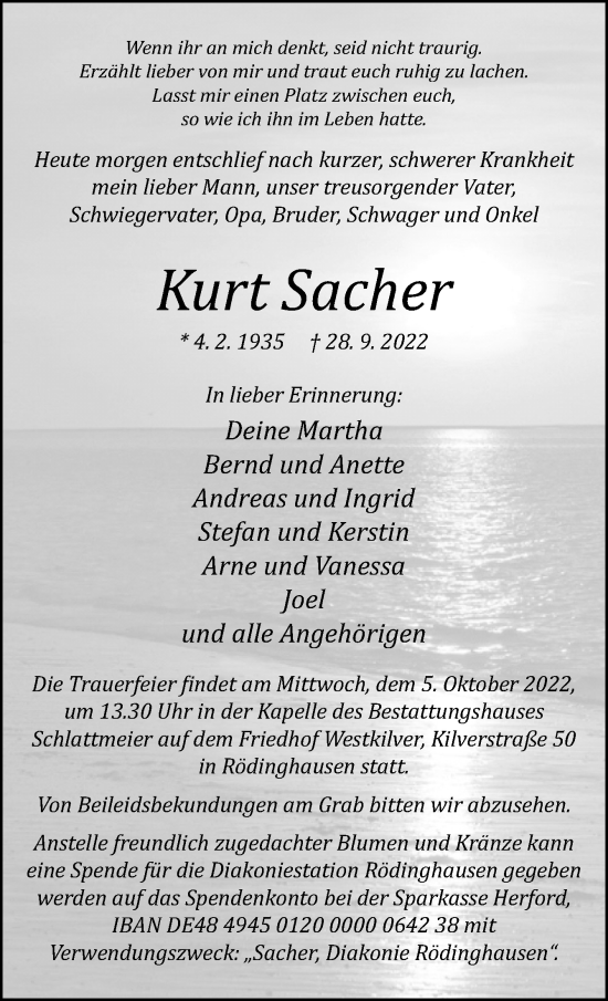 Traueranzeige von Kurt Sacher von Neue Osnabrücker Zeitung GmbH & Co. KG