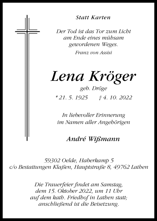 Traueranzeige von Lena Kröger von Neue Osnabrücker Zeitung GmbH & Co. KG