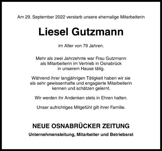 Traueranzeige von Liesel Gutzmann von Neue Osnabrücker Zeitung GmbH & Co. KG