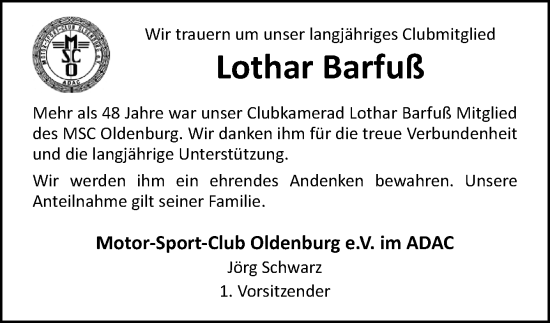 Traueranzeige von Lothar Barfuß von DK Medien GmbH & Co. KG