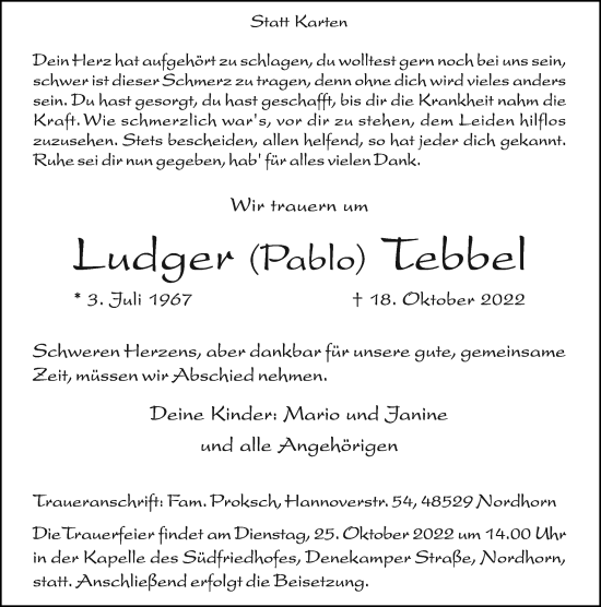 Traueranzeige von Ludger Tebbel von Neue Osnabrücker Zeitung GmbH & Co. KG