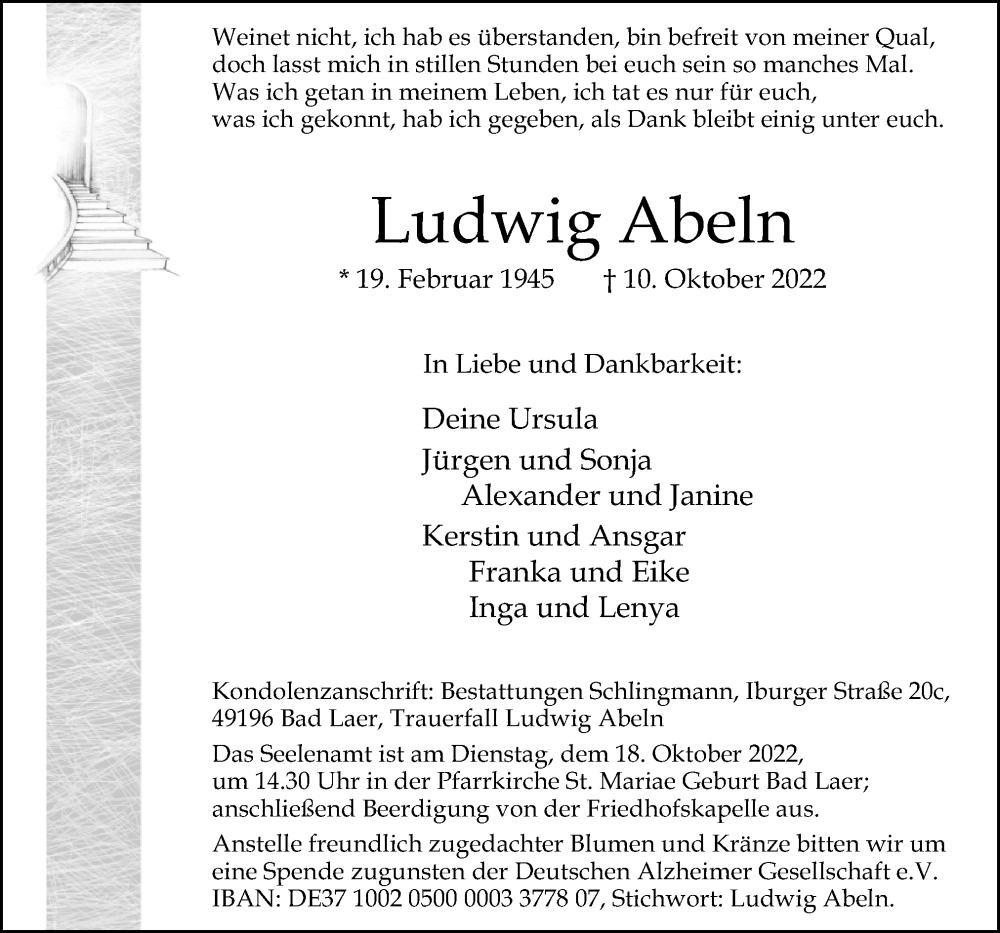  Traueranzeige für Ludwig Abeln vom 15.10.2022 aus Neue Osnabrücker Zeitung GmbH & Co. KG