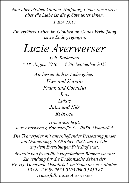 Traueranzeige von Luzie Averwerser von Neue Osnabrücker Zeitung GmbH & Co. KG