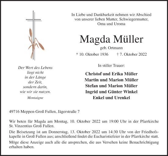 Traueranzeige von Magda Müller von Neue Osnabrücker Zeitung GmbH & Co. KG