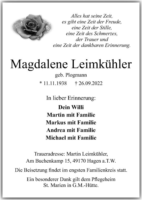 Traueranzeige von Magdalene Leimkühler von Neue Osnabrücker Zeitung GmbH & Co. KG