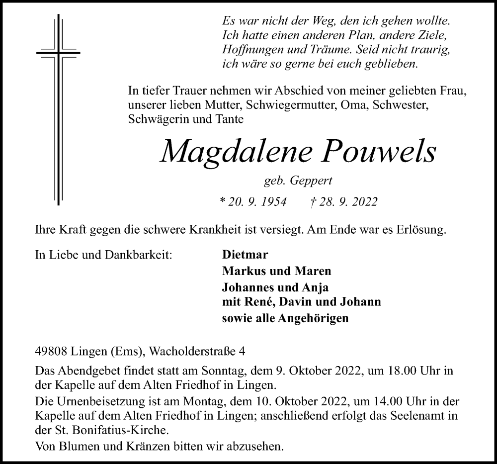  Traueranzeige für Magdalene Pouwels vom 05.10.2022 aus Neue Osnabrücker Zeitung GmbH & Co. KG