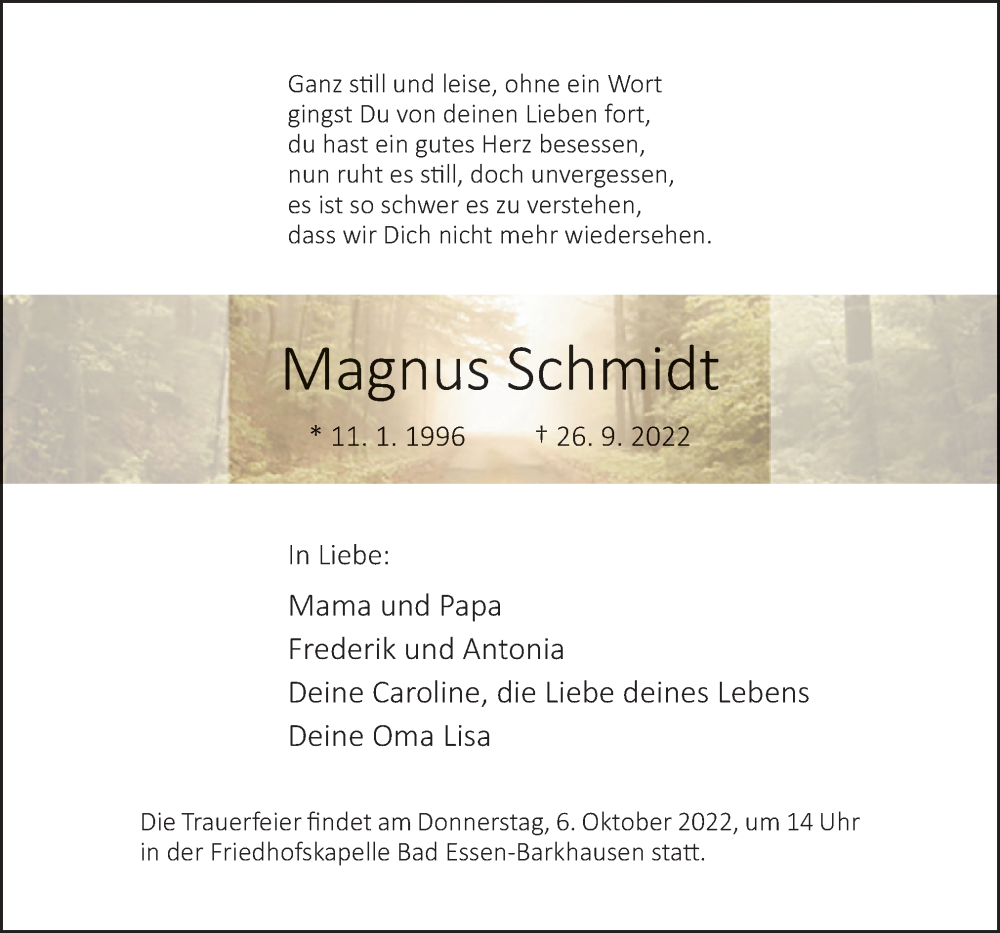  Traueranzeige für Magnus Schmidt vom 01.10.2022 aus Neue Osnabrücker Zeitung GmbH & Co. KG