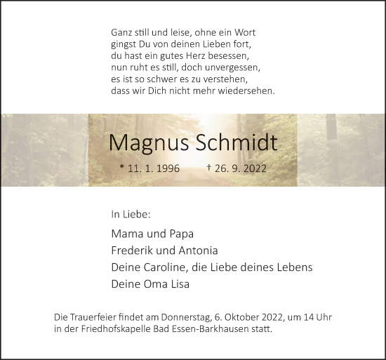 Traueranzeige von Magnus Schmidt von Neue Osnabrücker Zeitung GmbH & Co. KG