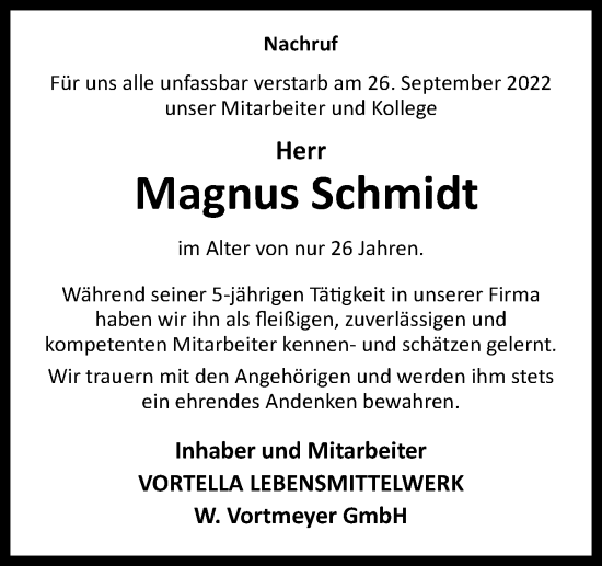 Traueranzeige von Magnus Schmidt von Neue Osnabrücker Zeitung GmbH & Co. KG