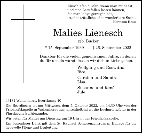 Traueranzeige von Malies Lienesch von Neue Osnabrücker Zeitung GmbH & Co. KG