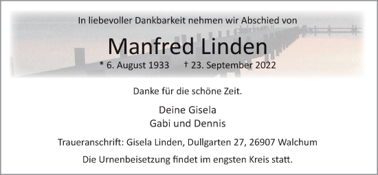Traueranzeige von Manfred Linden von Neue Osnabrücker Zeitung GmbH & Co. KG