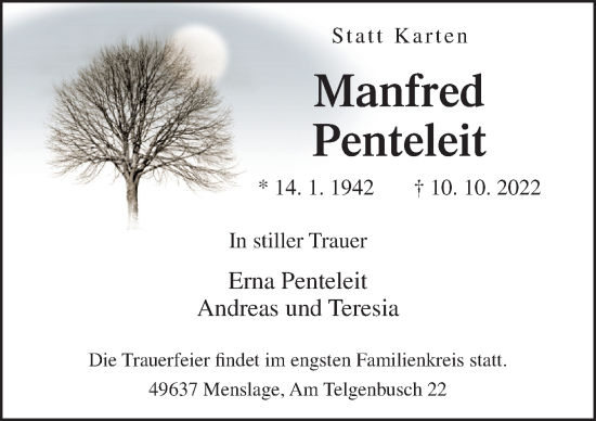 Traueranzeige von Manfred Penteleit von Neue Osnabrücker Zeitung GmbH & Co. KG