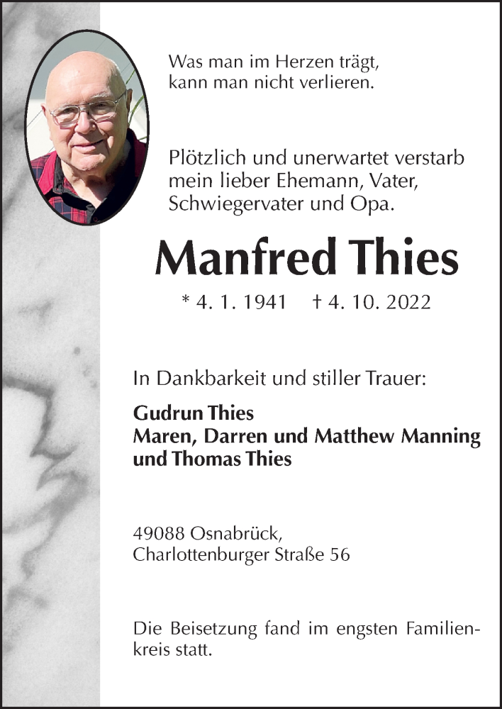  Traueranzeige für Manfred Thies vom 15.10.2022 aus Neue Osnabrücker Zeitung GmbH & Co. KG