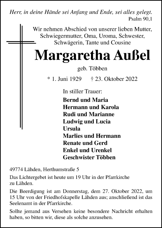 Traueranzeige von Margaretha Außel von Neue Osnabrücker Zeitung GmbH & Co. KG