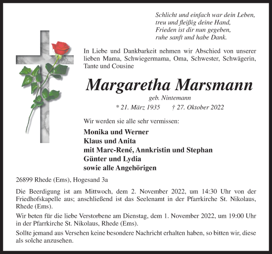 Traueranzeige von Margaretha Marsmann von Neue Osnabrücker Zeitung GmbH & Co. KG