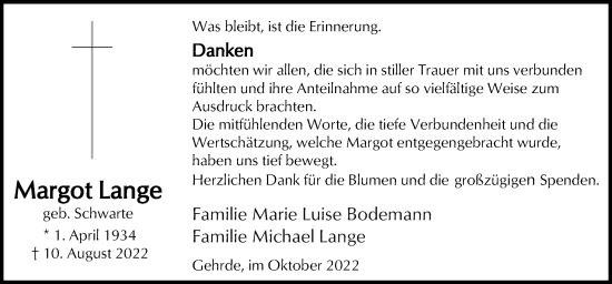 Traueranzeige von Margot Lange von Neue Osnabrücker Zeitung GmbH & Co. KG