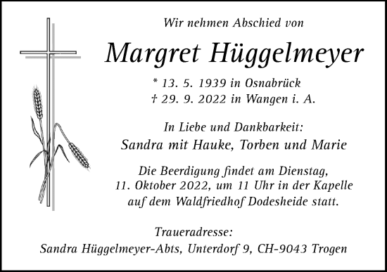 Traueranzeige von Margret Hüggelmeyer von Neue Osnabrücker Zeitung GmbH & Co. KG
