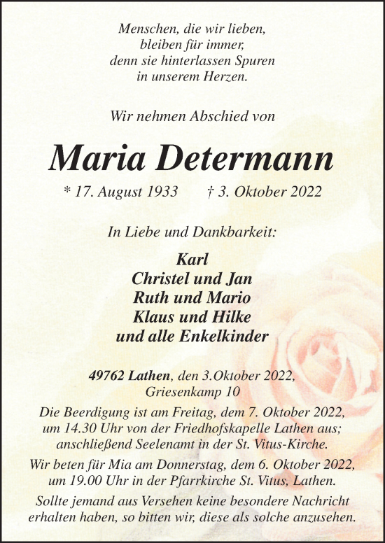 Traueranzeige von Maria Determann von Neue Osnabrücker Zeitung GmbH & Co. KG