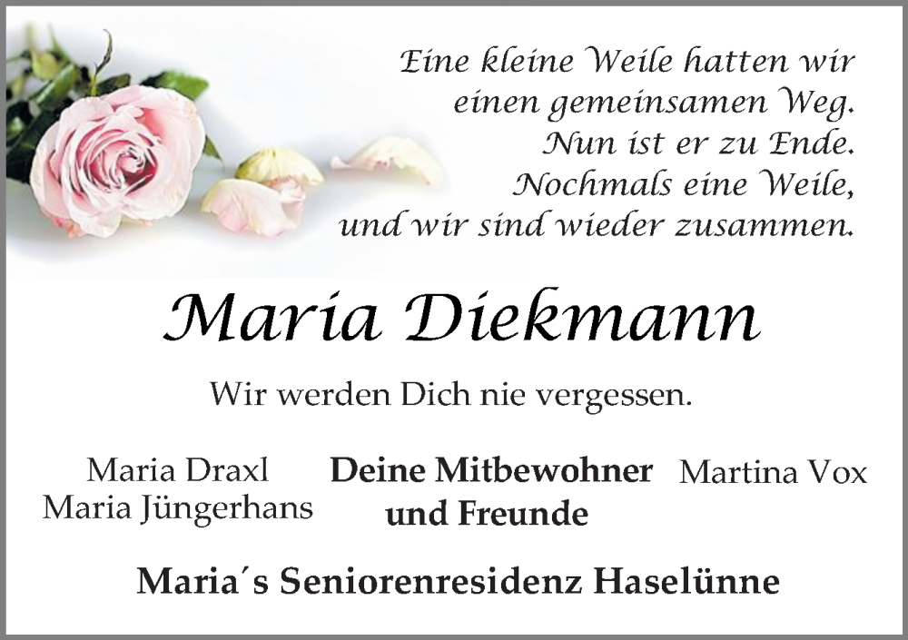  Traueranzeige für Maria Diekmann vom 08.10.2022 aus Neue Osnabrücker Zeitung GmbH & Co. KG