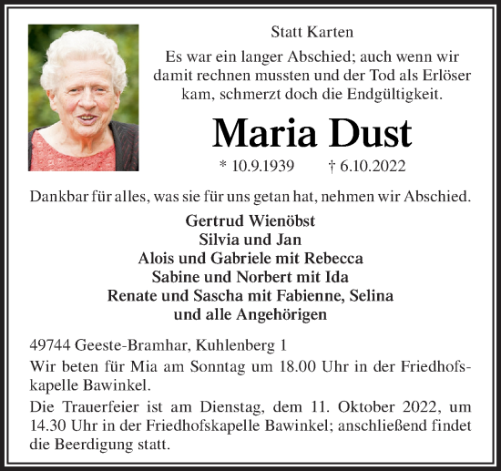 Traueranzeige von Maria Dust von Neue Osnabrücker Zeitung GmbH & Co. KG