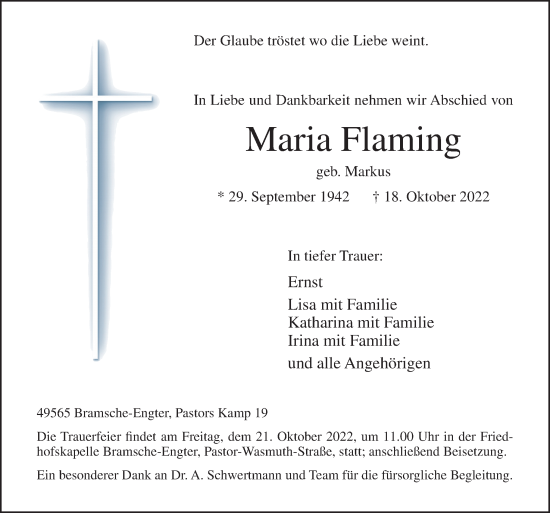 Traueranzeige von Maria Flaming von Neue Osnabrücker Zeitung GmbH & Co. KG