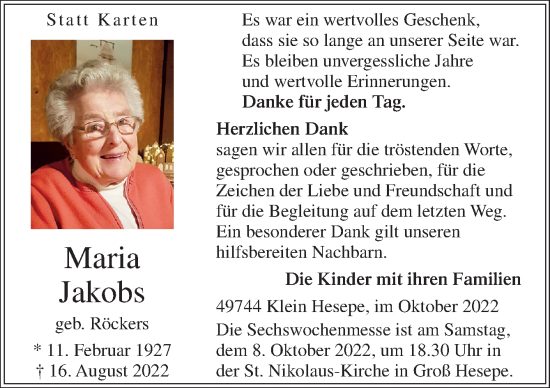 Traueranzeige von Maria Jakobs von Neue Osnabrücker Zeitung GmbH & Co. KG