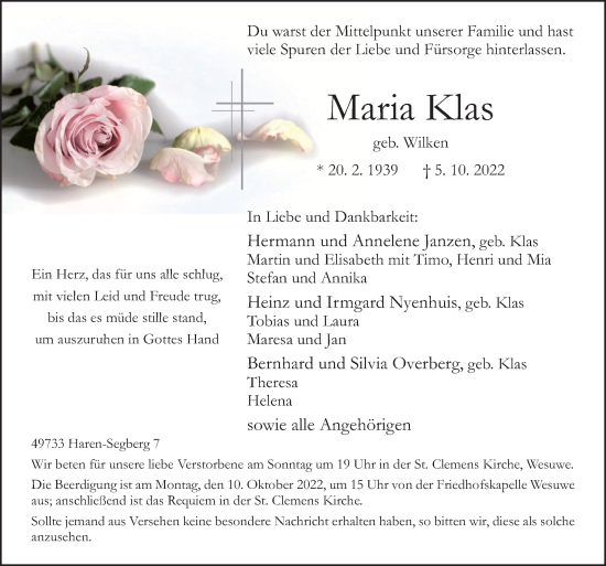 Traueranzeige von Maria Klas von Neue Osnabrücker Zeitung GmbH & Co. KG