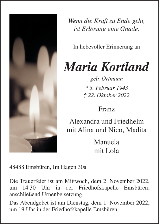 Traueranzeige von Maria Kortland von Neue Osnabrücker Zeitung GmbH & Co. KG