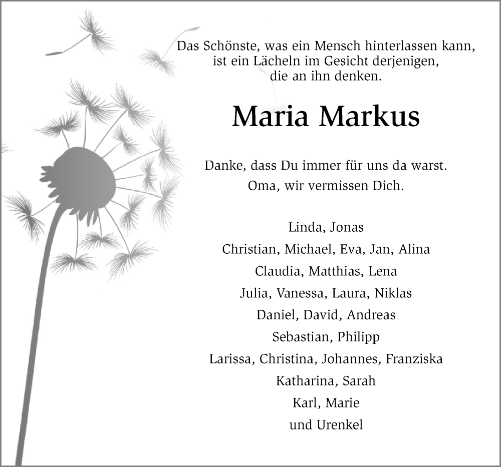  Traueranzeige für Maria Markus vom 08.10.2022 aus Neue Osnabrücker Zeitung GmbH & Co. KG