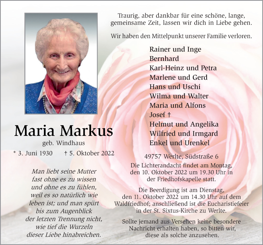  Traueranzeige für Maria Markus vom 08.10.2022 aus Neue Osnabrücker Zeitung GmbH & Co. KG