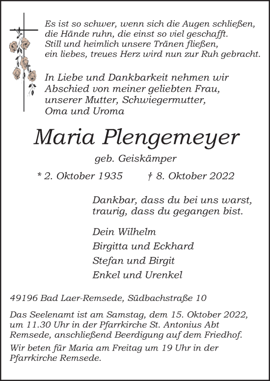 Traueranzeige von Maria Plengemeyer von Neue Osnabrücker Zeitung GmbH & Co. KG