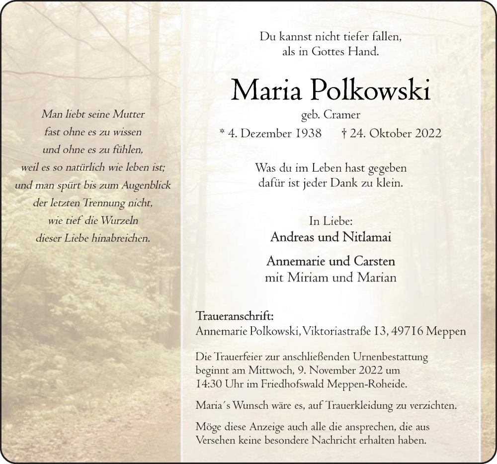  Traueranzeige für Maria Polkowski vom 29.10.2022 aus Neue Osnabrücker Zeitung GmbH & Co. KG