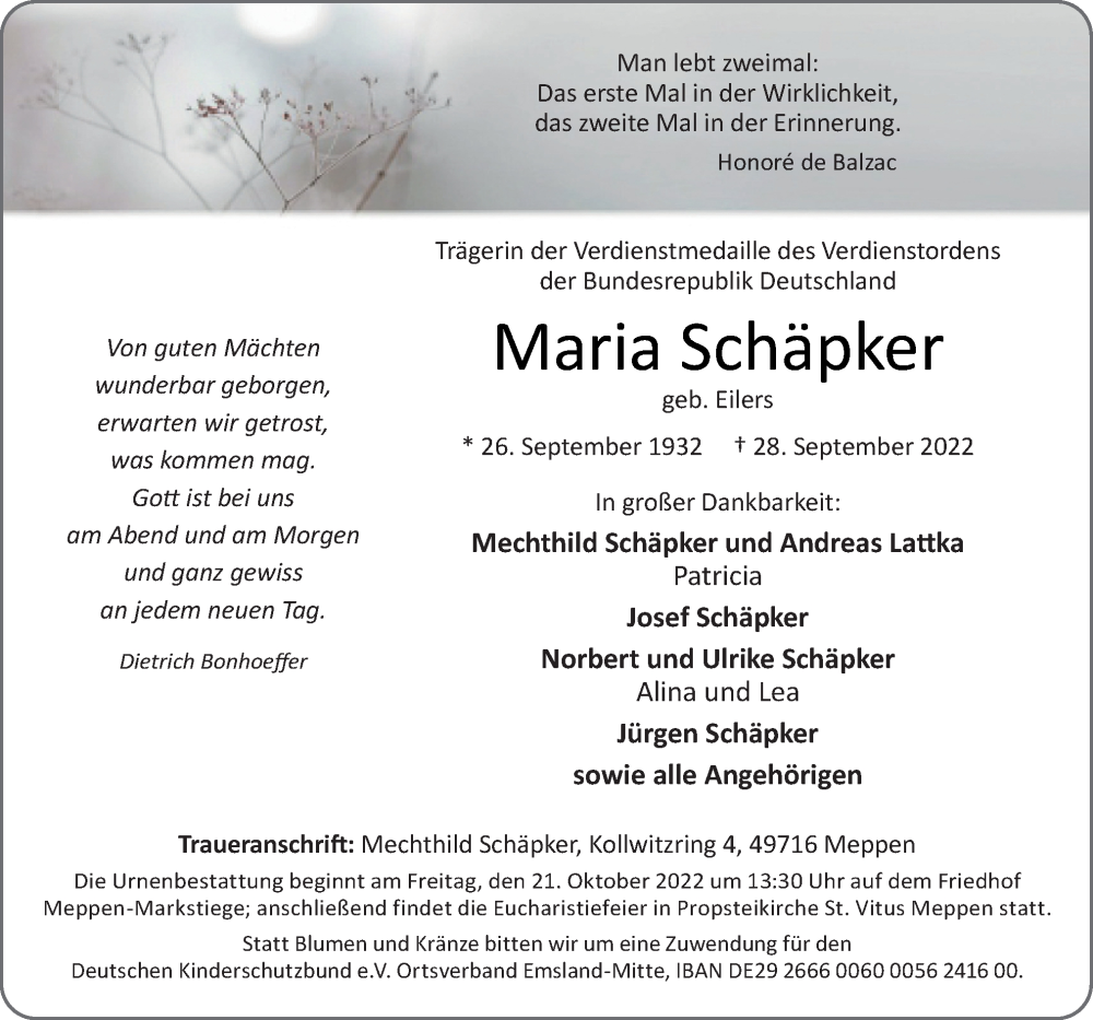  Traueranzeige für Maria Schäpker vom 01.10.2022 aus Neue Osnabrücker Zeitung GmbH & Co. KG