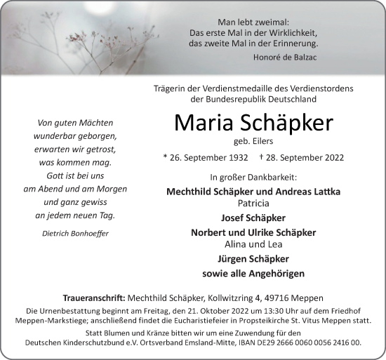 Traueranzeige von Maria Schäpker von Neue Osnabrücker Zeitung GmbH & Co. KG