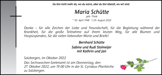 Traueranzeige von Maria Schütte von Neue Osnabrücker Zeitung GmbH & Co. KG