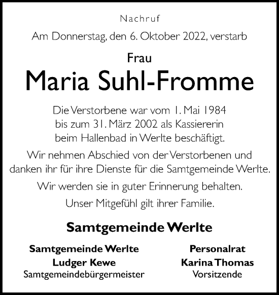 Traueranzeige von Maria Suhl-Fromme von Neue Osnabrücker Zeitung GmbH & Co. KG