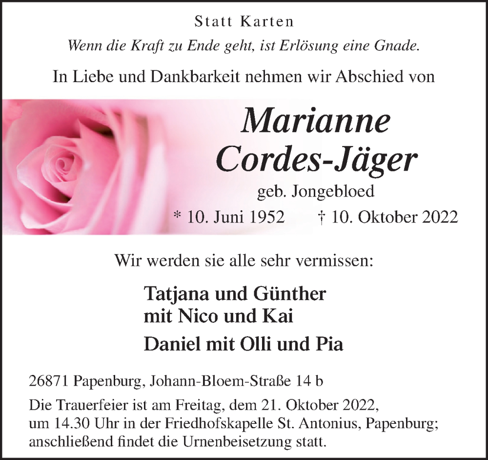  Traueranzeige für Marianne Cordes-Jäger vom 15.10.2022 aus Neue Osnabrücker Zeitung GmbH & Co. KG