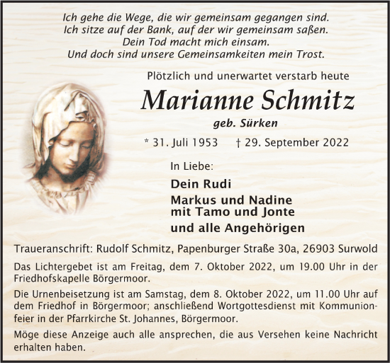 Traueranzeige von Marianne Schmitz von Neue Osnabrücker Zeitung GmbH &amp; Co. KG