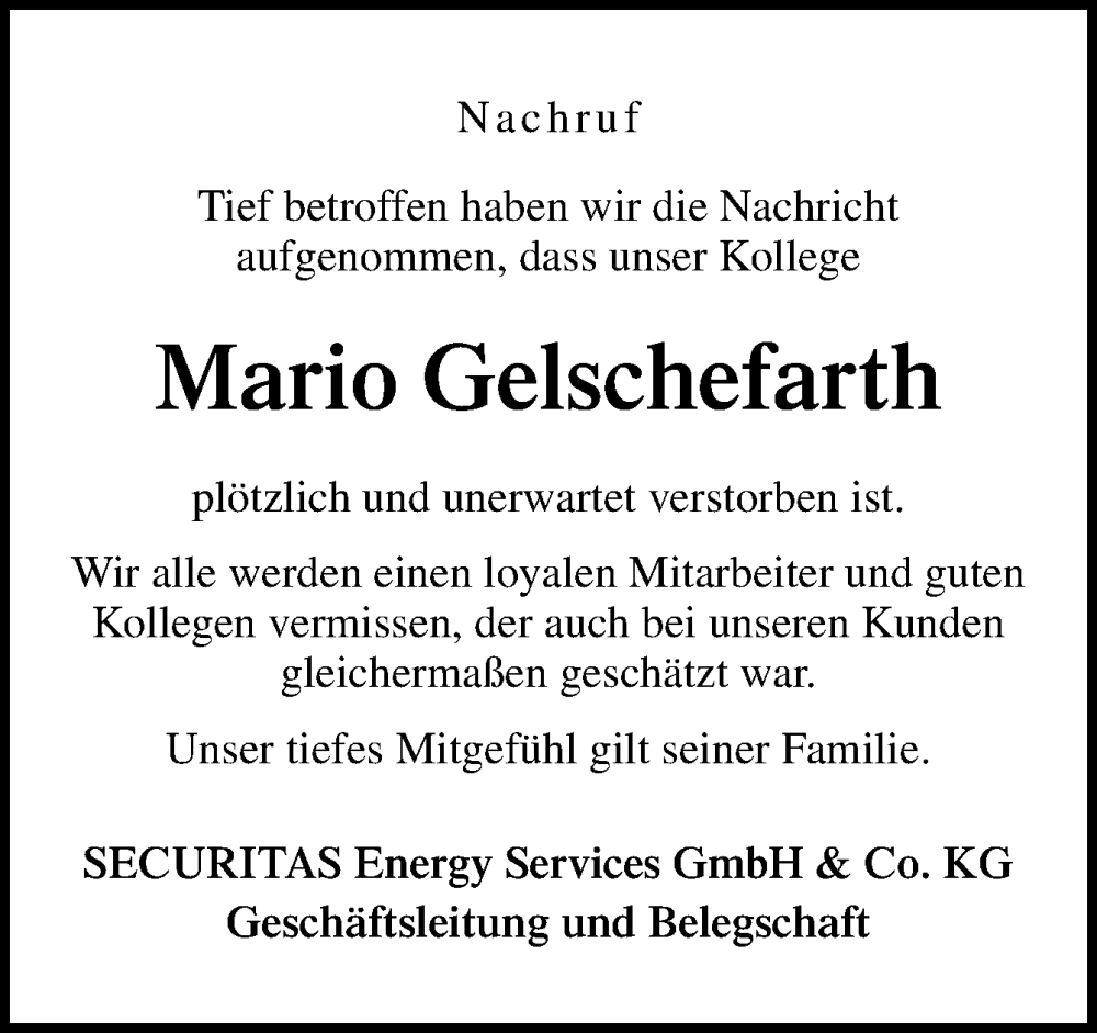  Traueranzeige für Mario Gelschefarth vom 22.10.2022 aus Neue Osnabrücker Zeitung GmbH & Co. KG