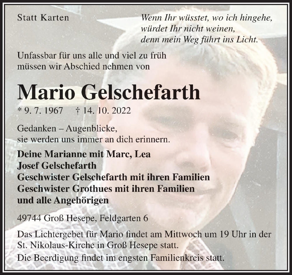  Traueranzeige für Mario Gelschefarth vom 18.10.2022 aus Neue Osnabrücker Zeitung GmbH & Co. KG